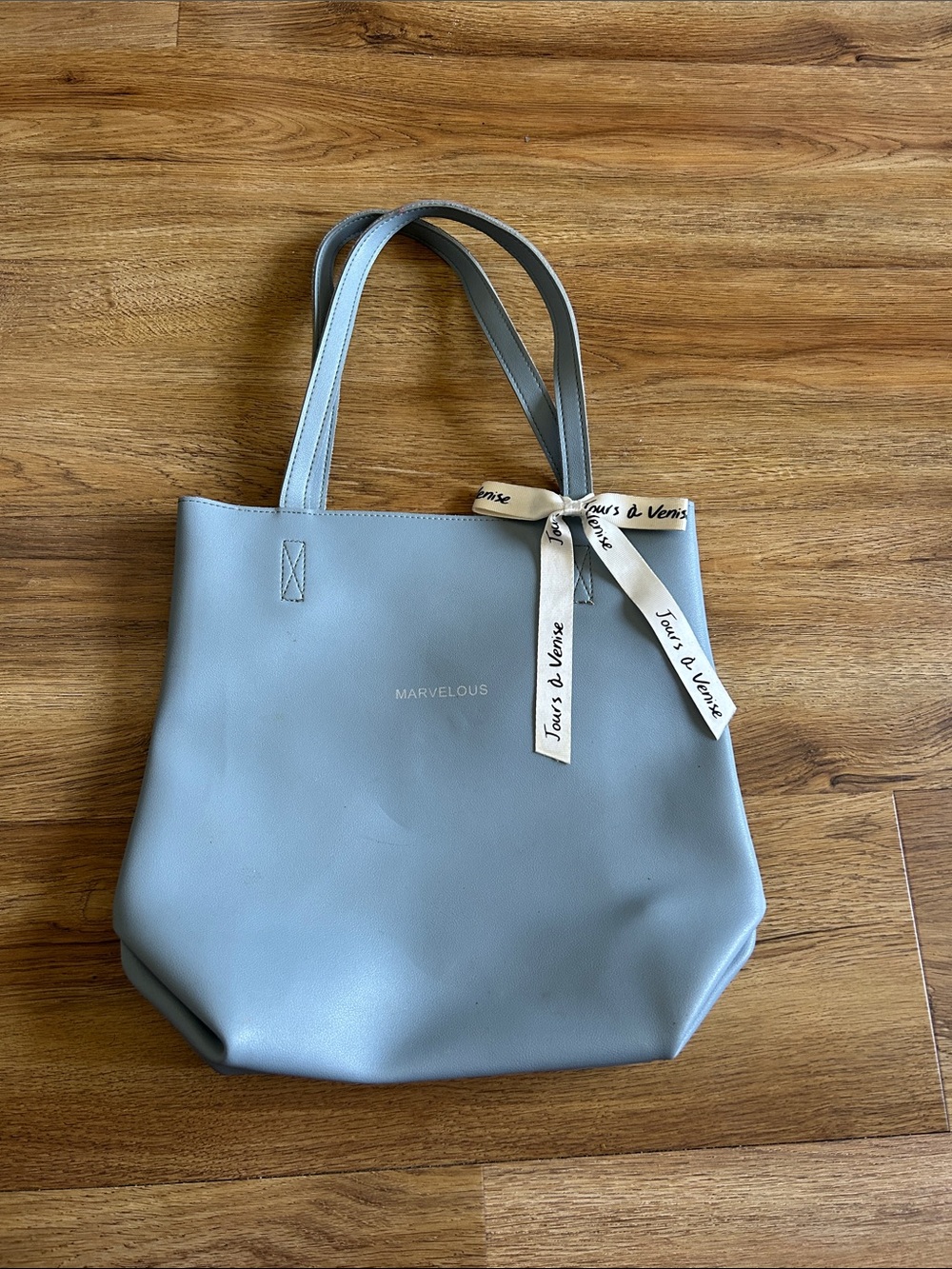 Marvelous Light Blue Tote with Cream Ribbon